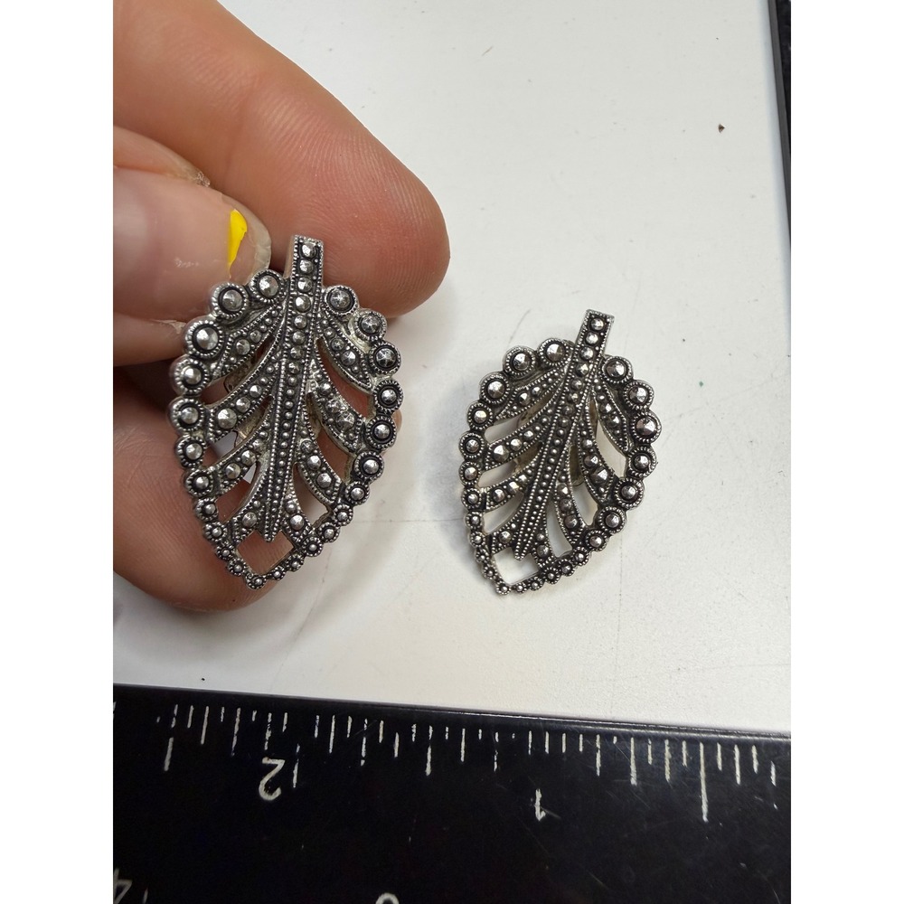 Marcasite Leaf Clip On Earrings Silver Tone Openwork Botanical Jewelry